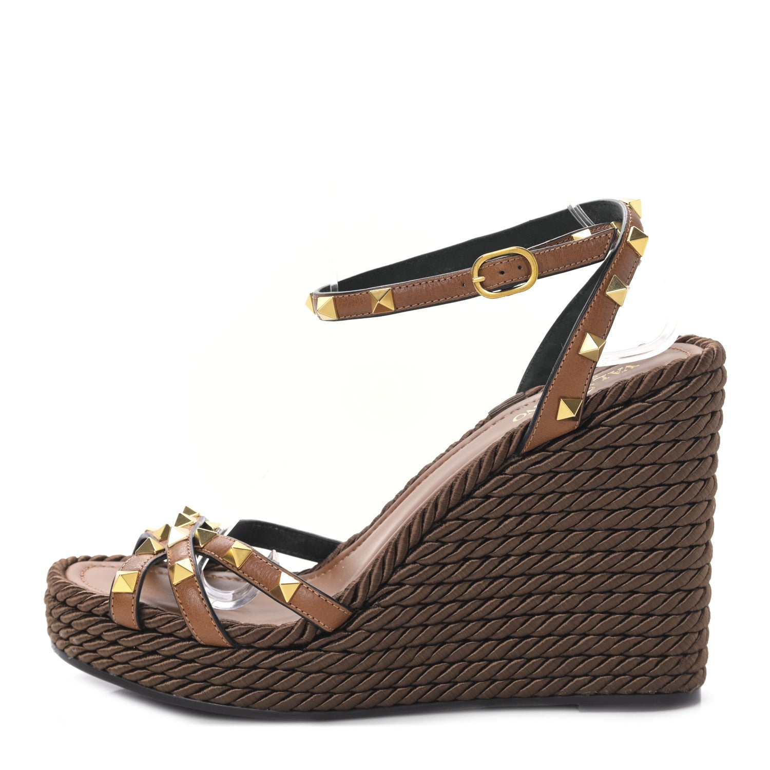 Valentino Garavani Calfskin Rockstud Ankle Strap Torchon Espadrille Caged 25/95mm Wedge Sandals 39 Cuoio 1 of 8