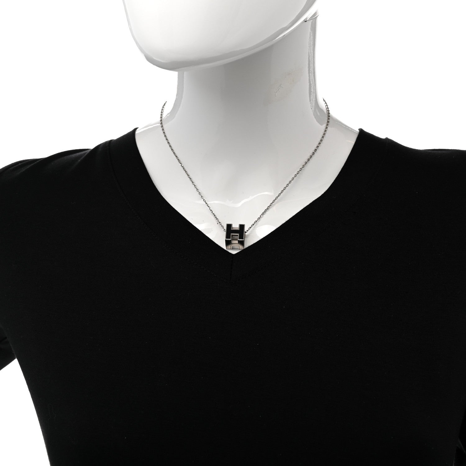 Hermes Lacquered Palladium Cage d'H Pendant Necklace Black 2 of 7