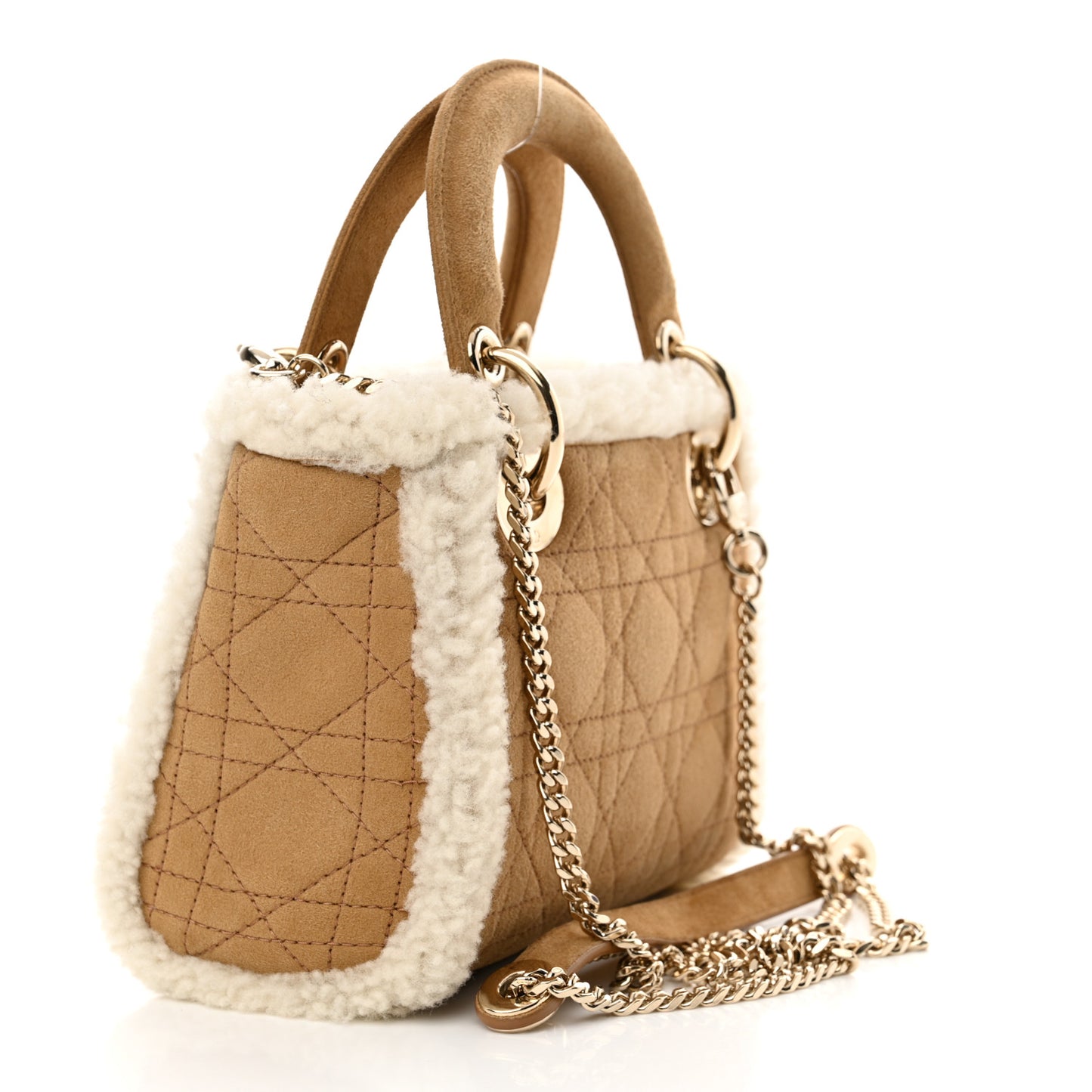 Suede Shearling Cannage Mini Lady Dior Camel
