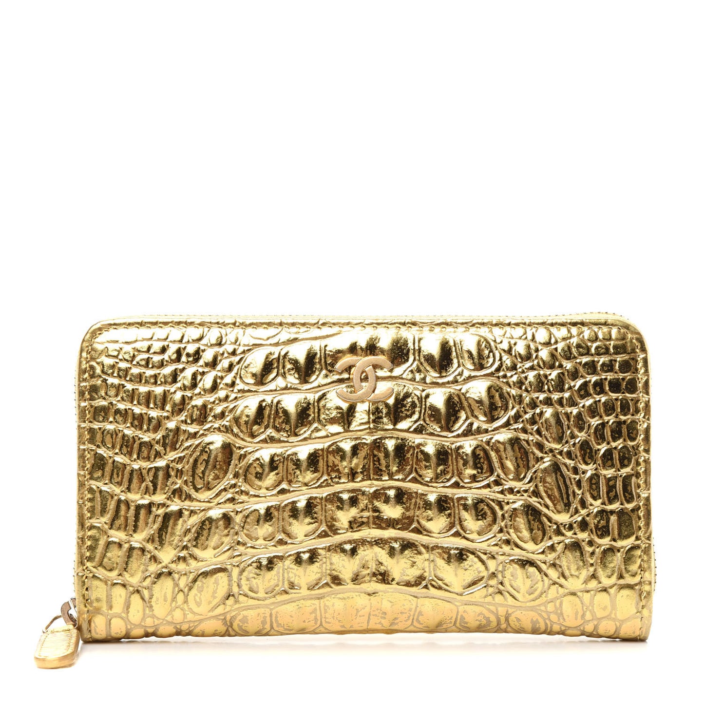 Metallic Calfskin Crocodile Embossed Small Zip Wallet Gold