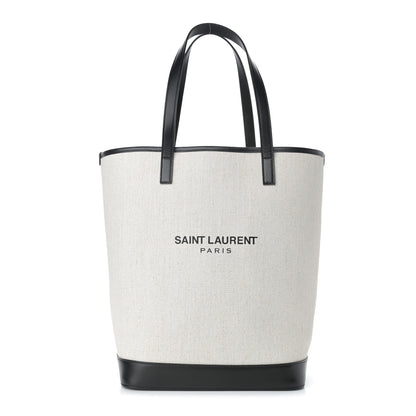 Saint Laurent Canvas Calfskin Teddy Drawstring Shopping Tote White Black 3 of 12
