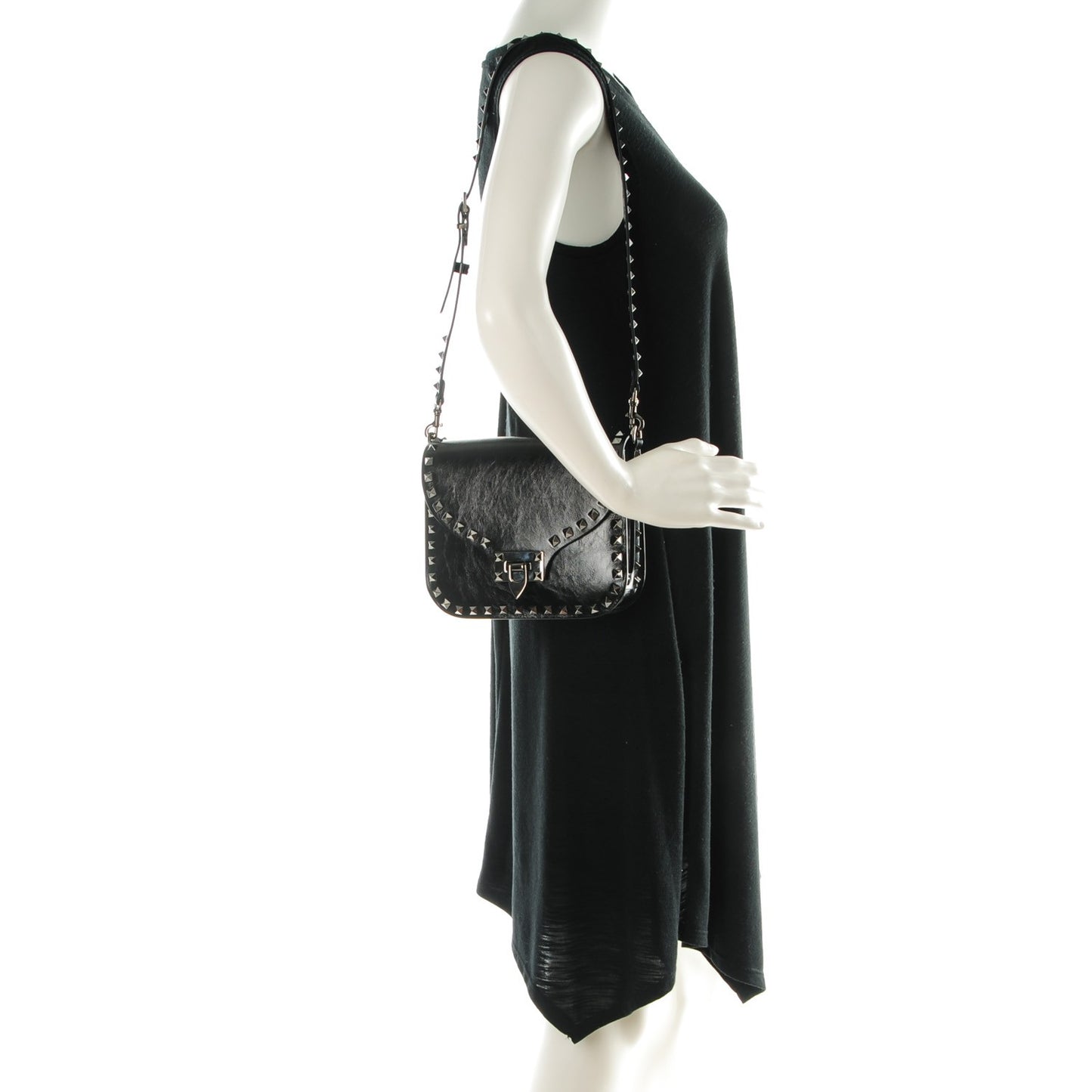 Craquele Calfskin Rockstud Shoulder Flap Messenger Bag Black