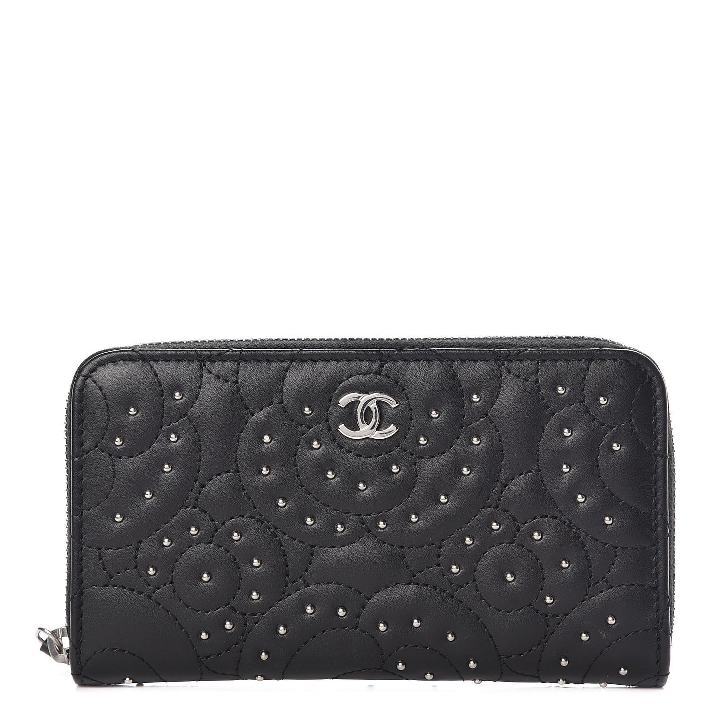 Lambskin Camellia Studded Zip Around Wallet Black