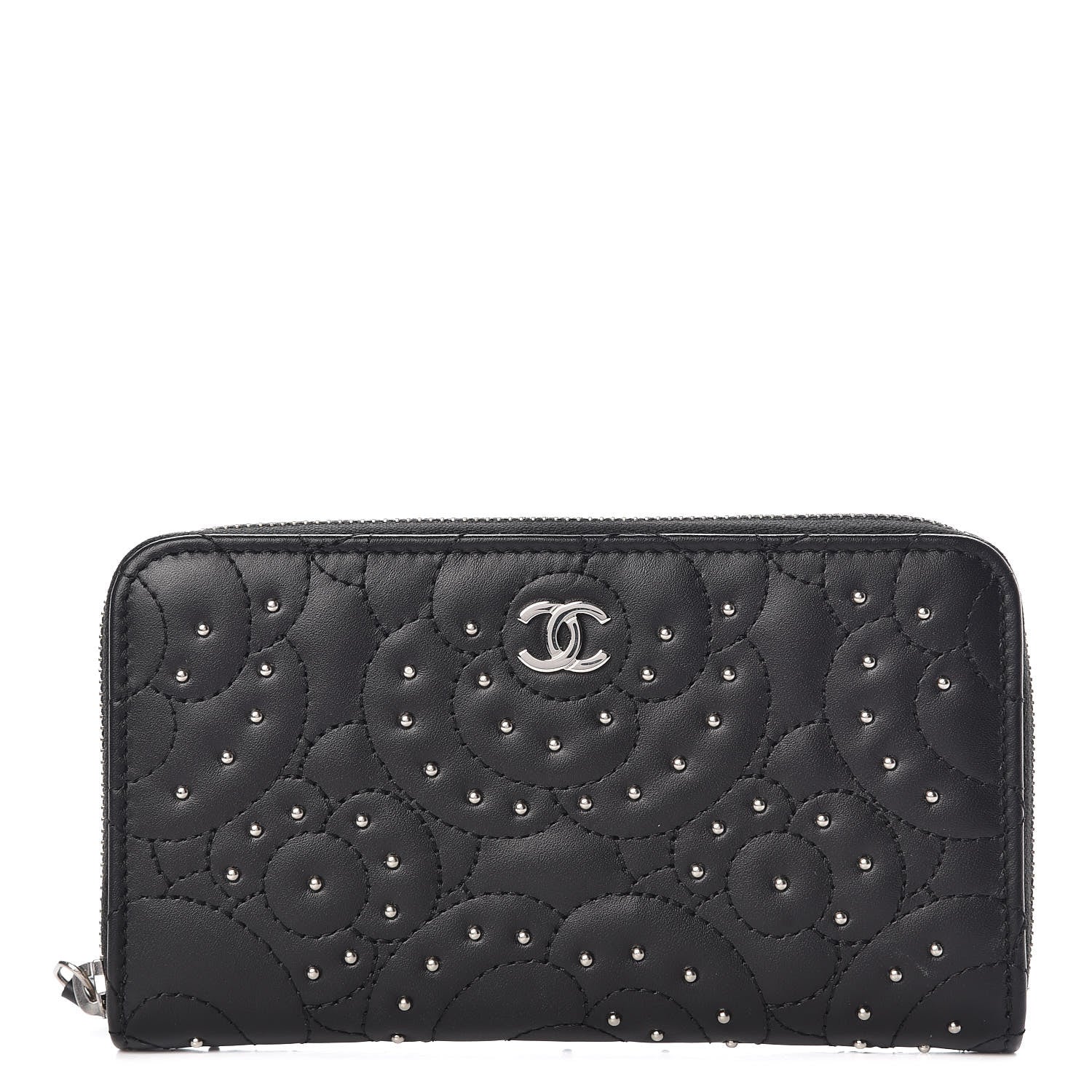 Chanel Lambskin Camellia Studded Zip Around Wallet Black 1 of 9
