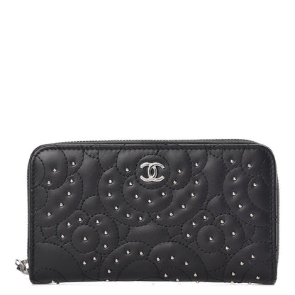 Chanel Lambskin Camellia Studded Zip Around Wallet Black 1 of 9