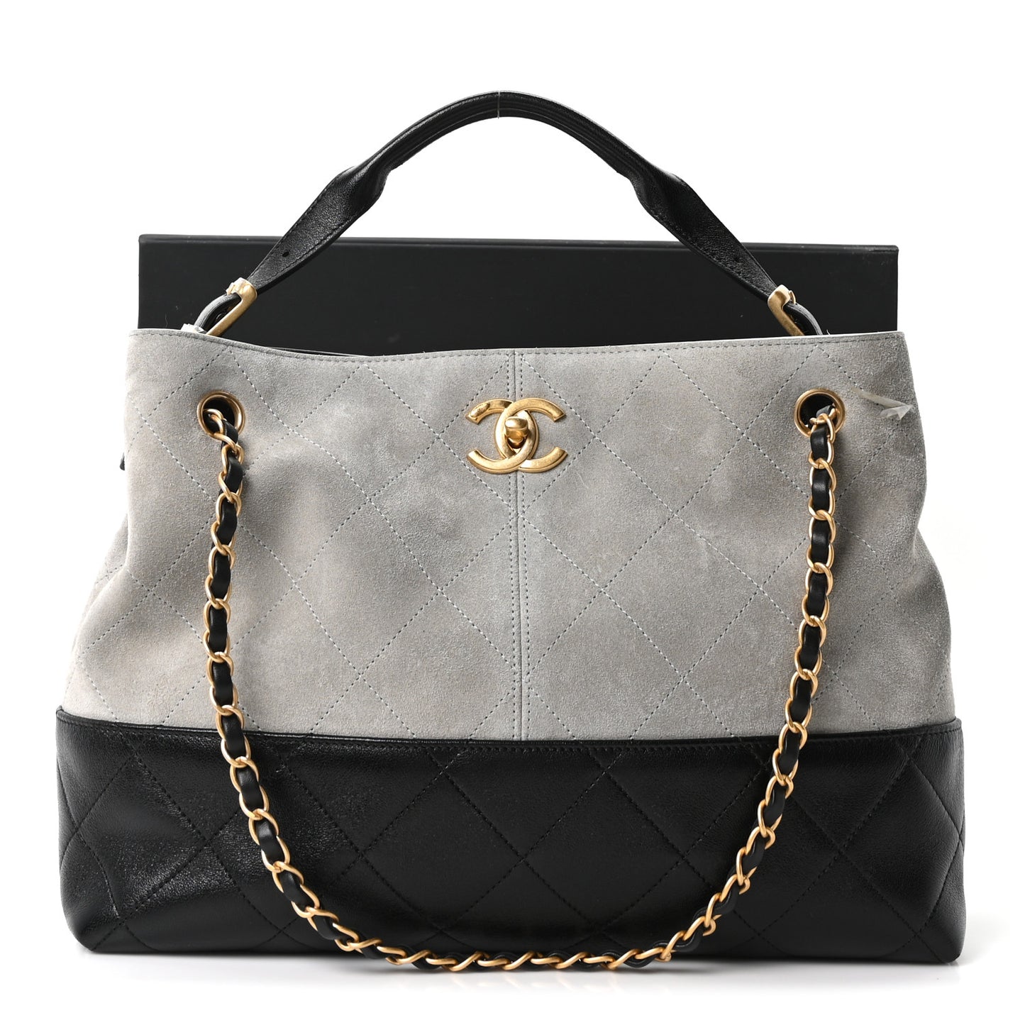 Suede Calfskin Shiny Lambskin Quilted Small Coco Base Shopping Bag Grey Black
