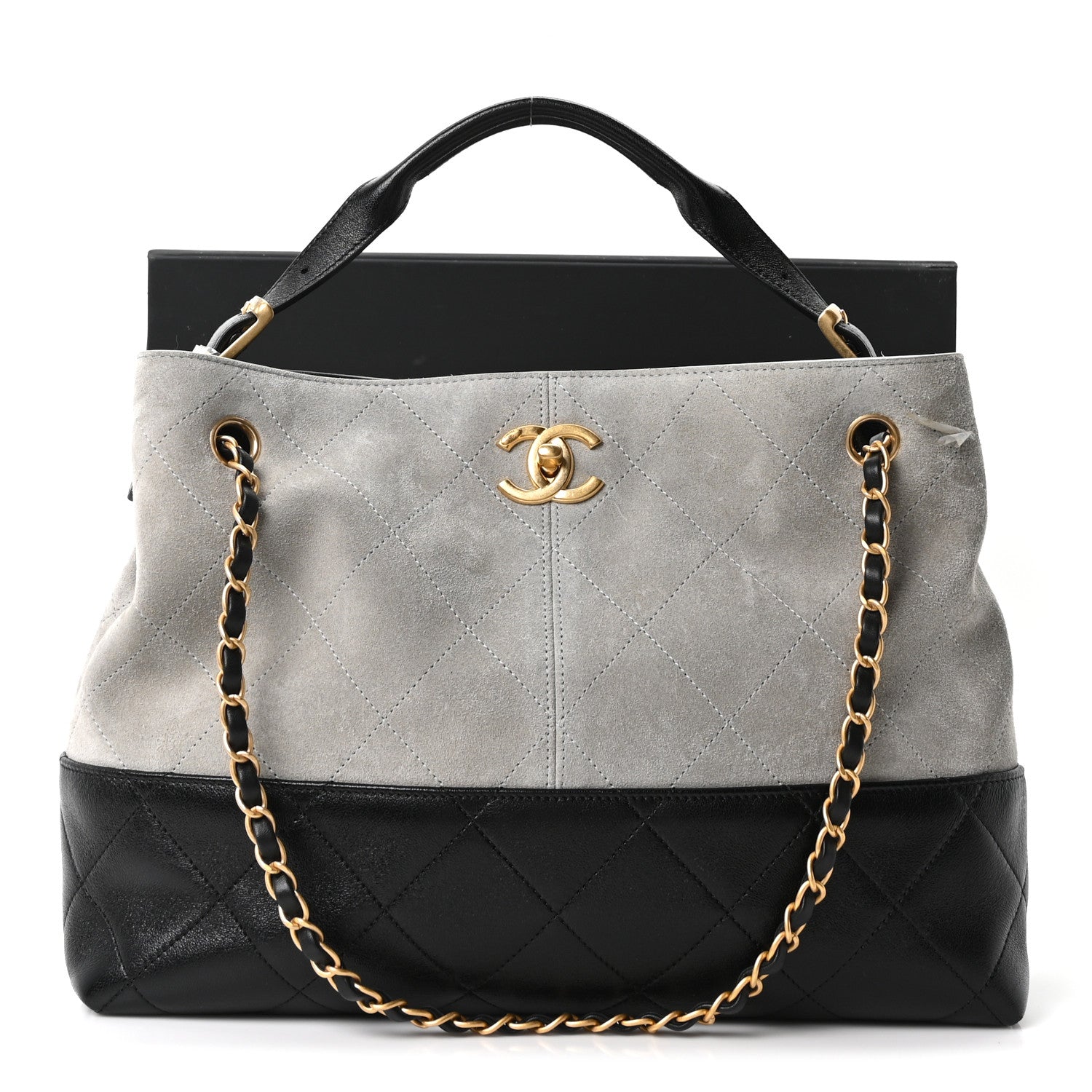 Chanel Suede Calfskin Shiny Lambskin Quilted Small Coco Base Shopping Bag Grey Black 21 of 21
