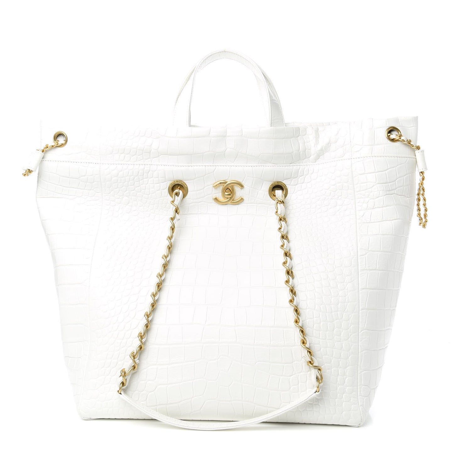 Calfskin Crocodile Embossed Large Cocodile Shopping Tote White