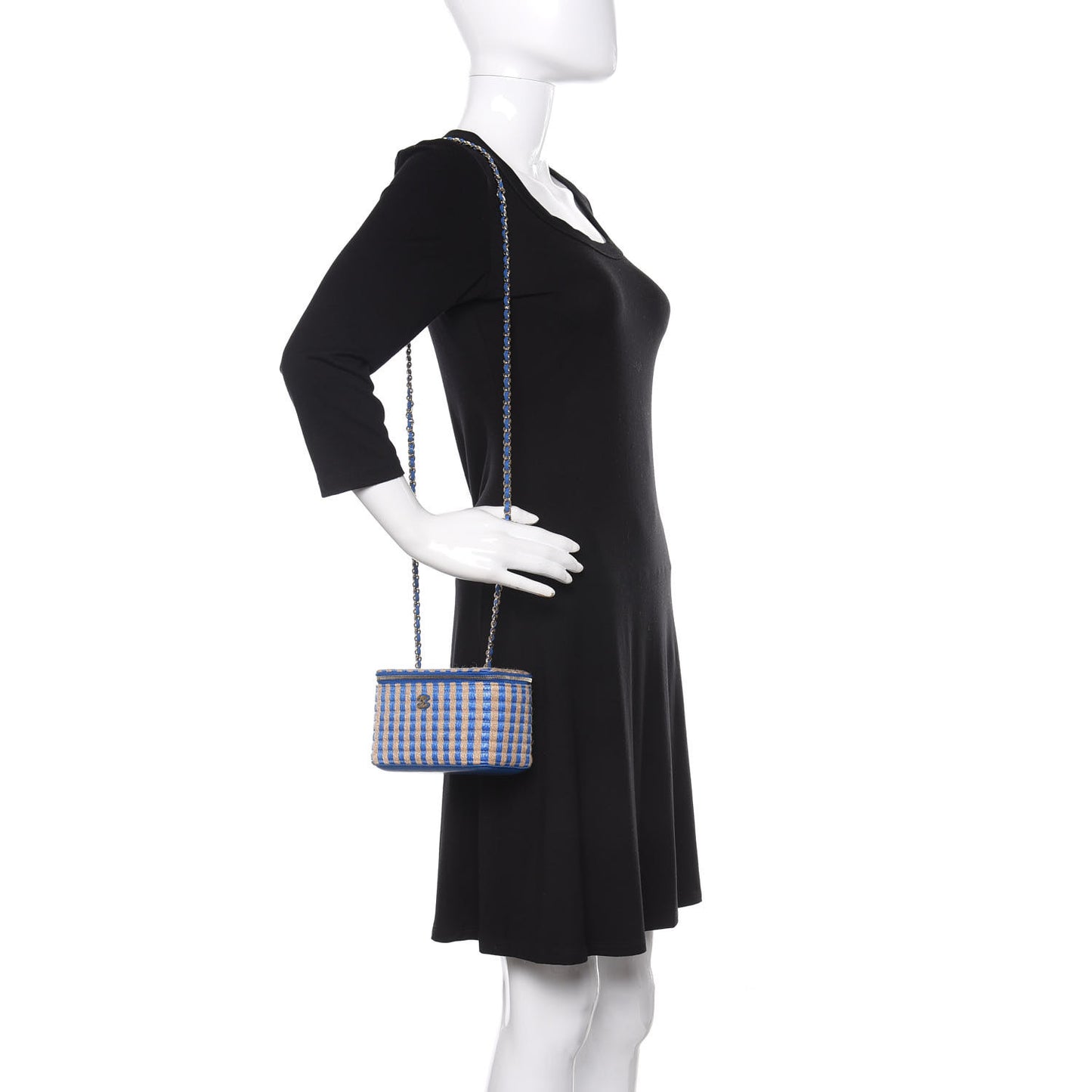 Raffia Jute Striped Small Vanity Case With Chain Blue Beige