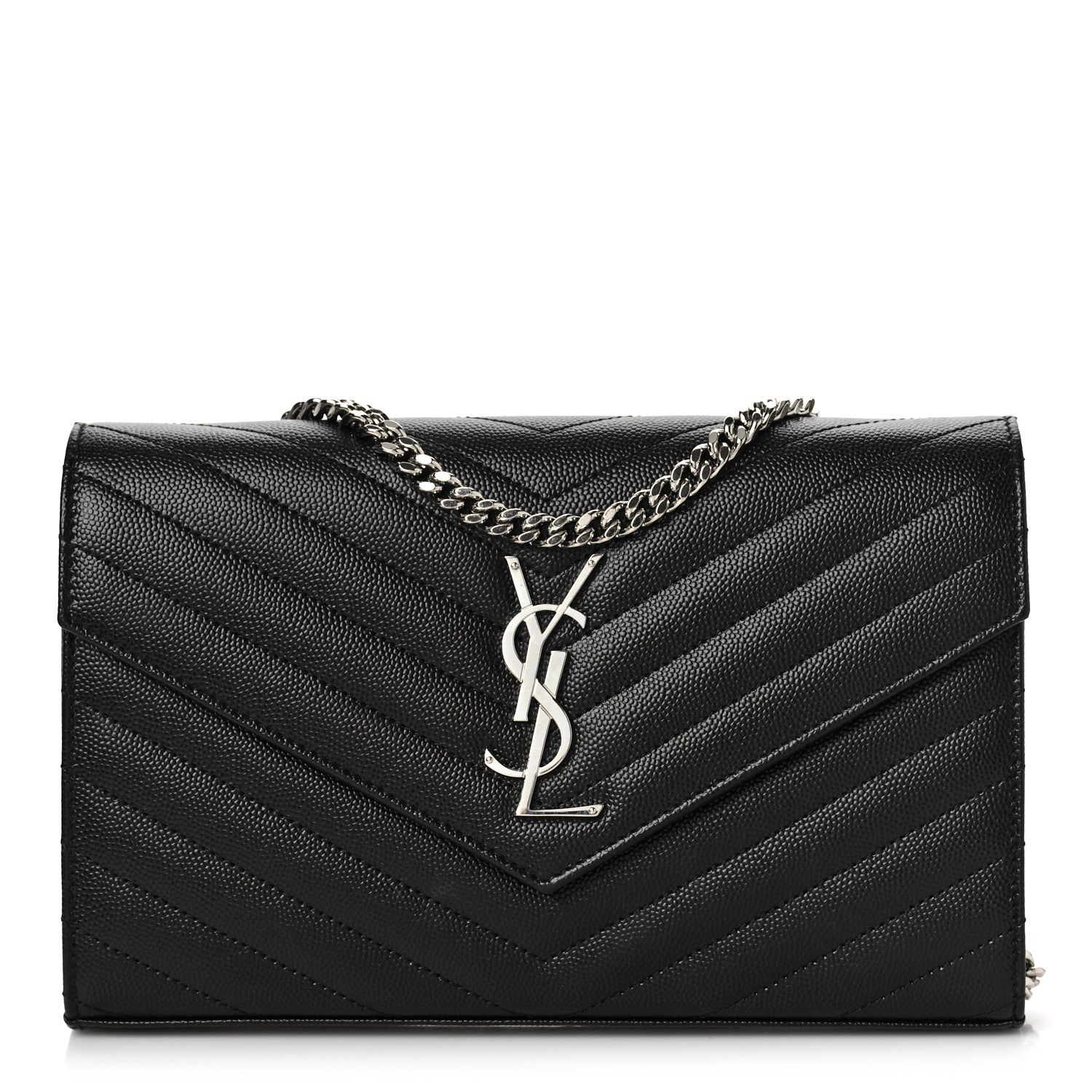 Saint Laurent Grain De Poudre Matelasse Chevron Monogram Chain Wallet Black 1 of 9