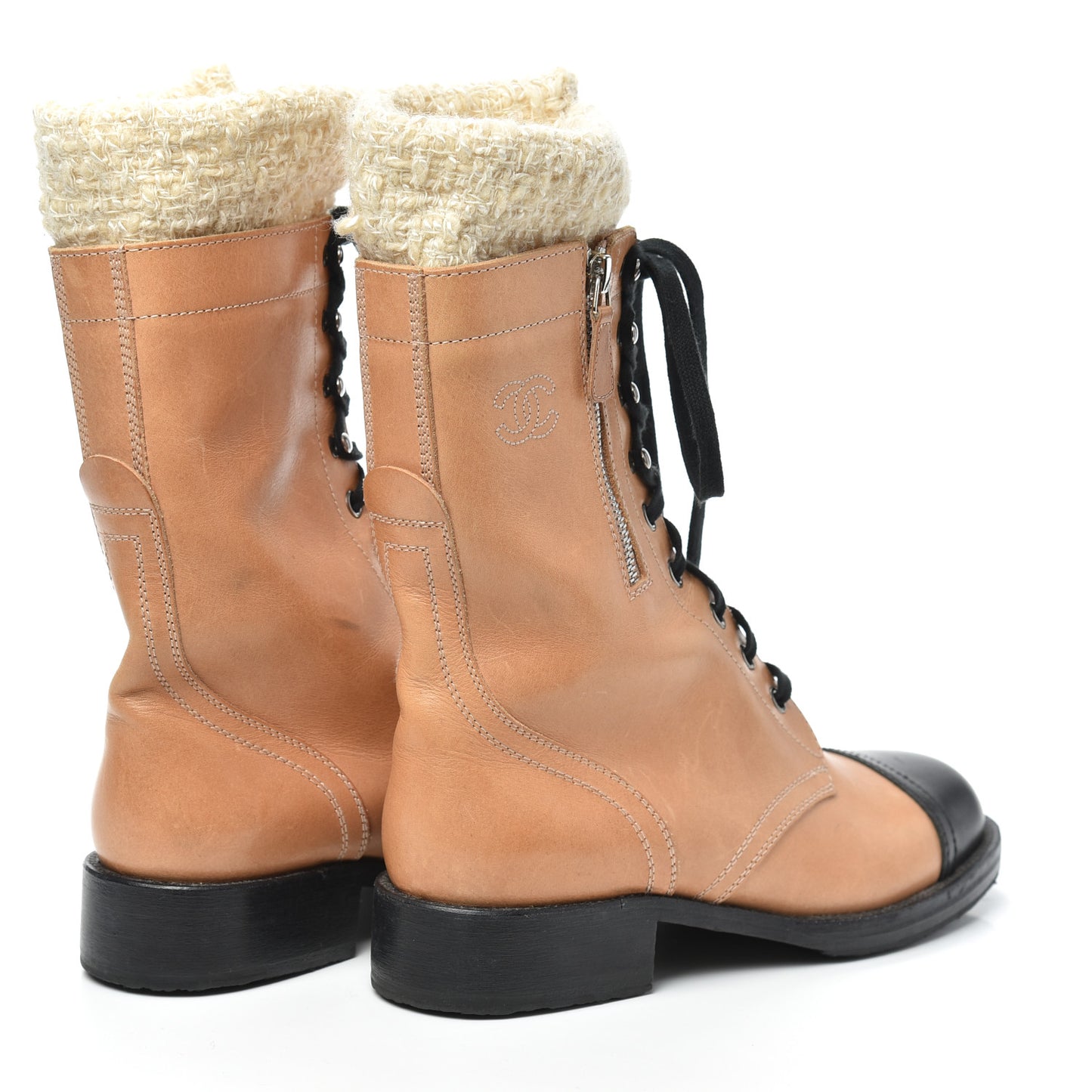 Calfskin Tweed Lace Up Combat Boots 38.5 Beige Black