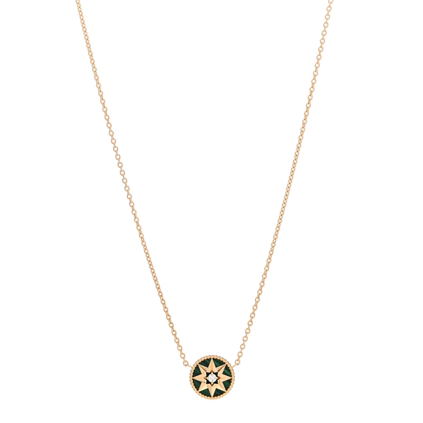 18K Yellow Gold Diamond Malachite Rose Des Vents Necklace