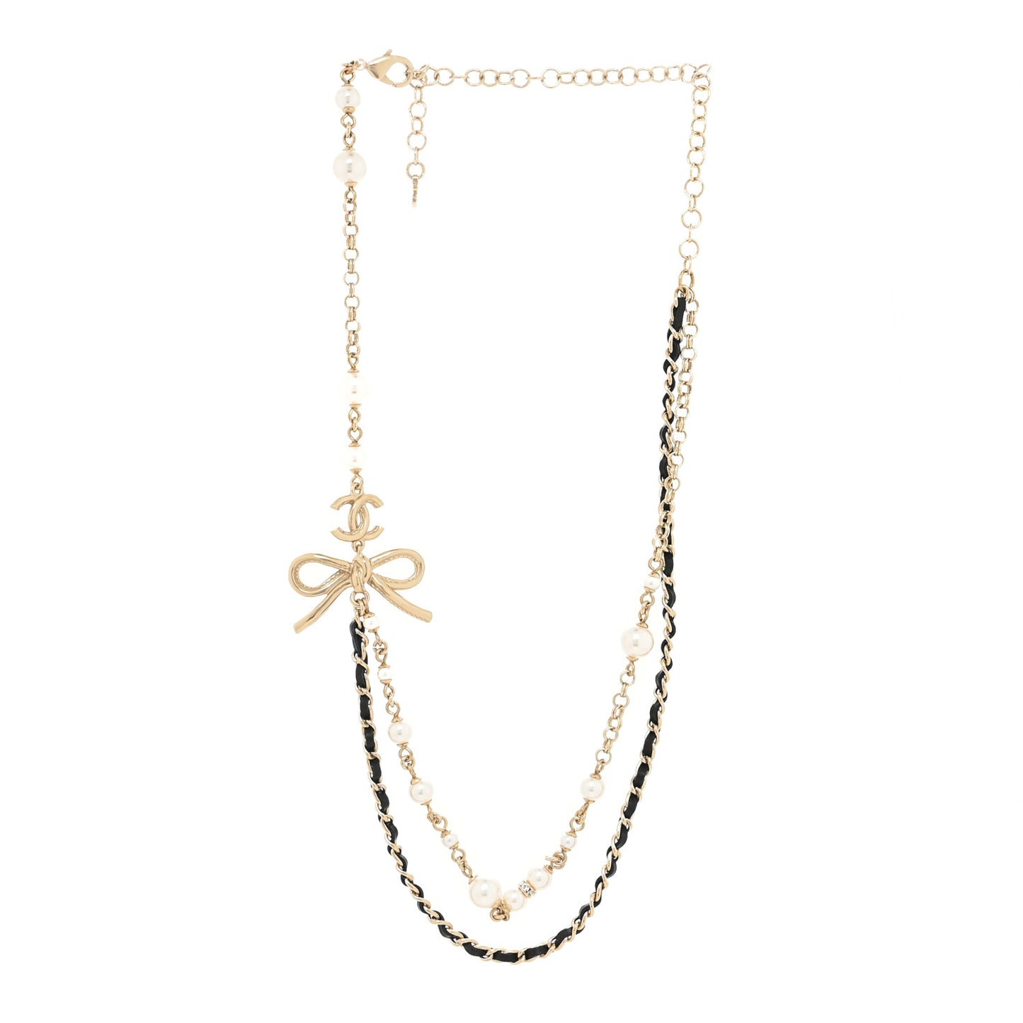 Calfskin Pearl Metal CC Bow Necklace Gold White Black
