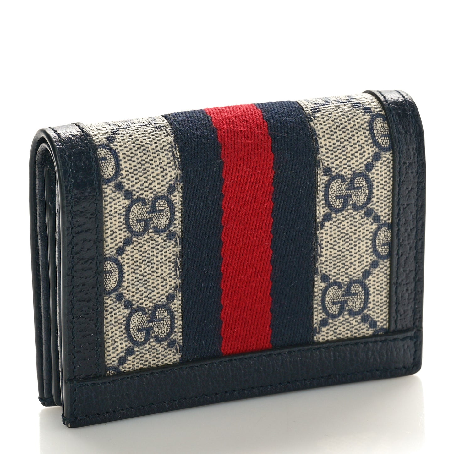 GG Supreme Monogram Textured Dollar Calfskin Web Ophidia Card Case Beige Blue