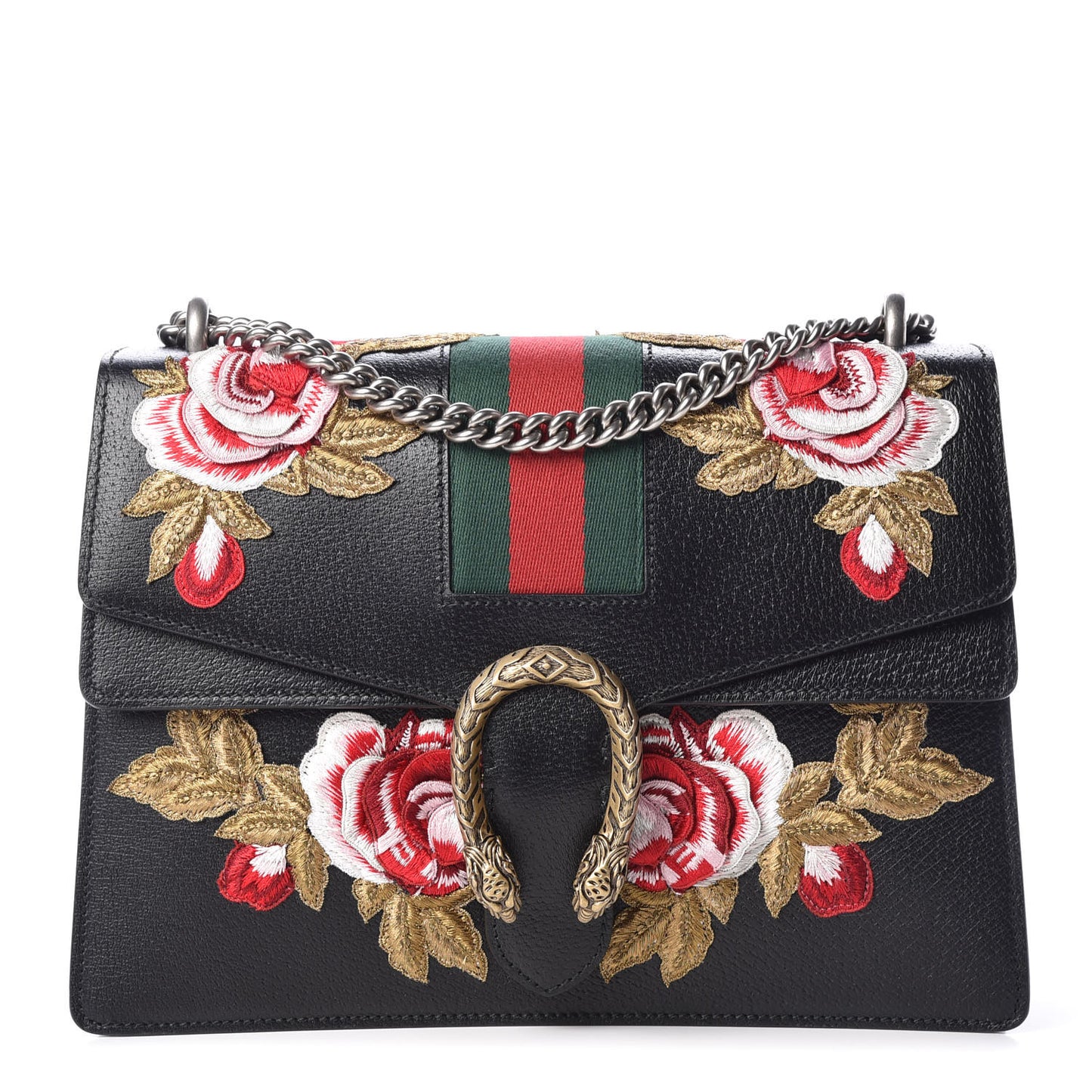 Calfskin Web Floral Embroidered Medium Dionysus Shoulder Bag Black