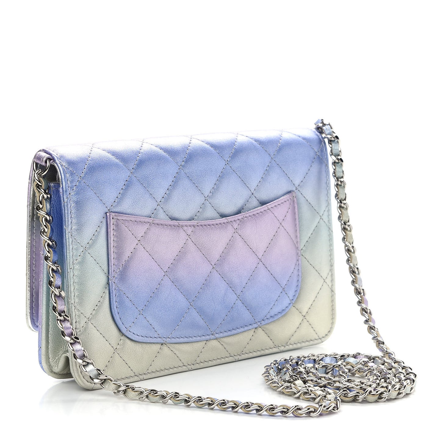 Gradient Metallic Calfskin Quilted Wallet On Chain WOC Silver Blue Yellow Purple