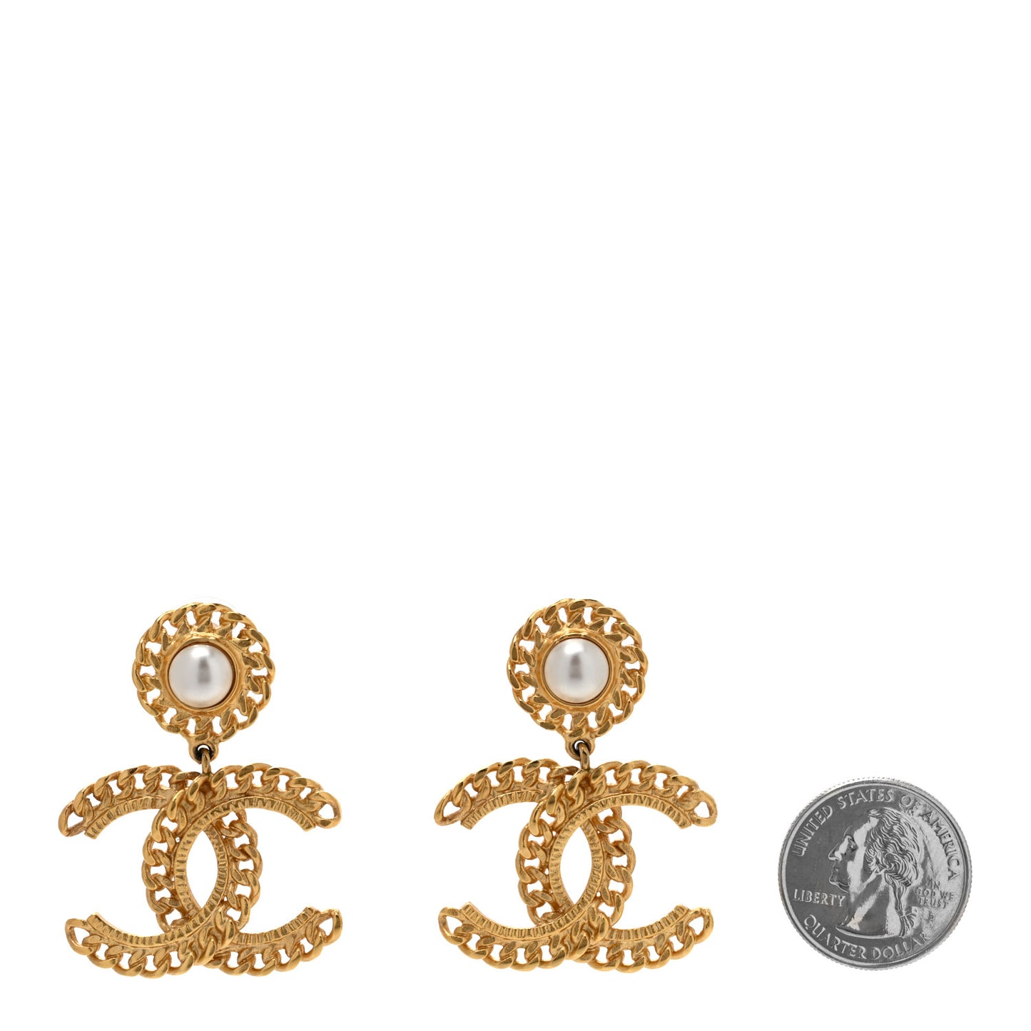 Metal Pearl CC Chain Drop Earrings Gold