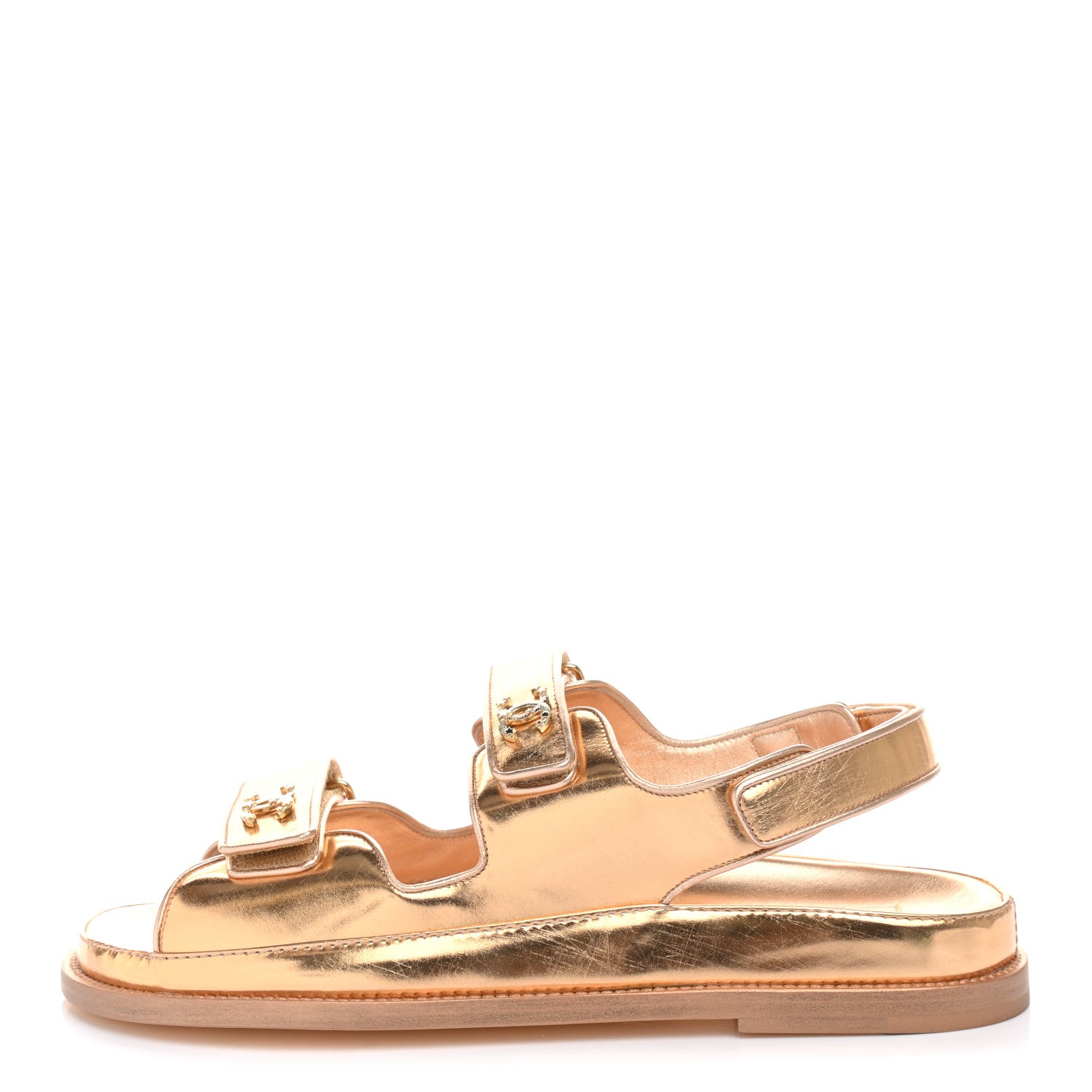 Chanel Metallic Laminated Calfskin Velcro Dad Sandals 41 Golden 1 of 9