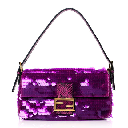 Fendi Satin Sequin Paillettes Bilics Lustre Snakeskin Medium Baguette 1997 Dark Pink 1 of 9