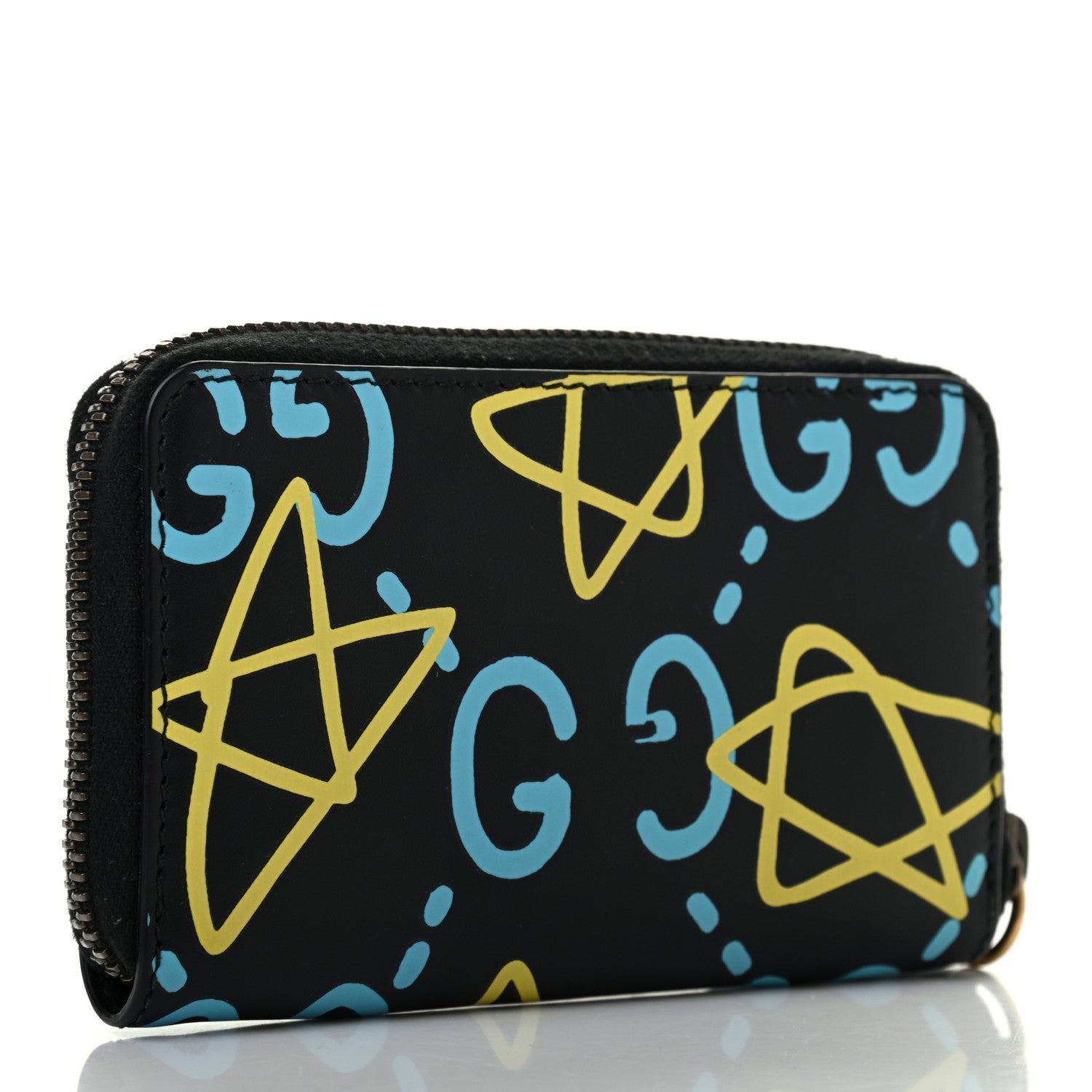 Gucci Calfskin GucciGhost Zip Around Card Case Black New Acquamarine 3 of 7