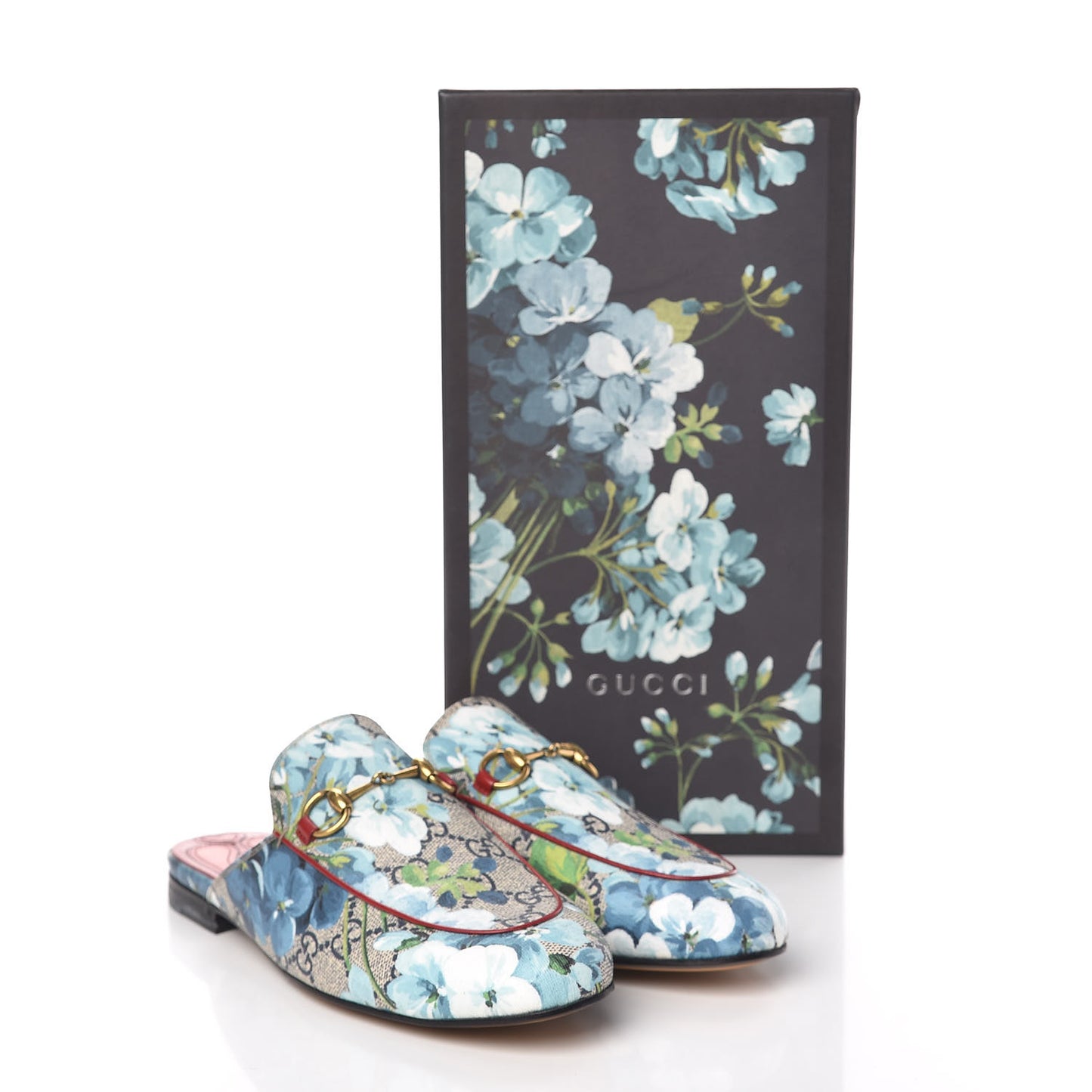 GG Supreme Monogram Blooms Womens Princetown Slippers 37 Beige Blue Navy Hibiscus Red
