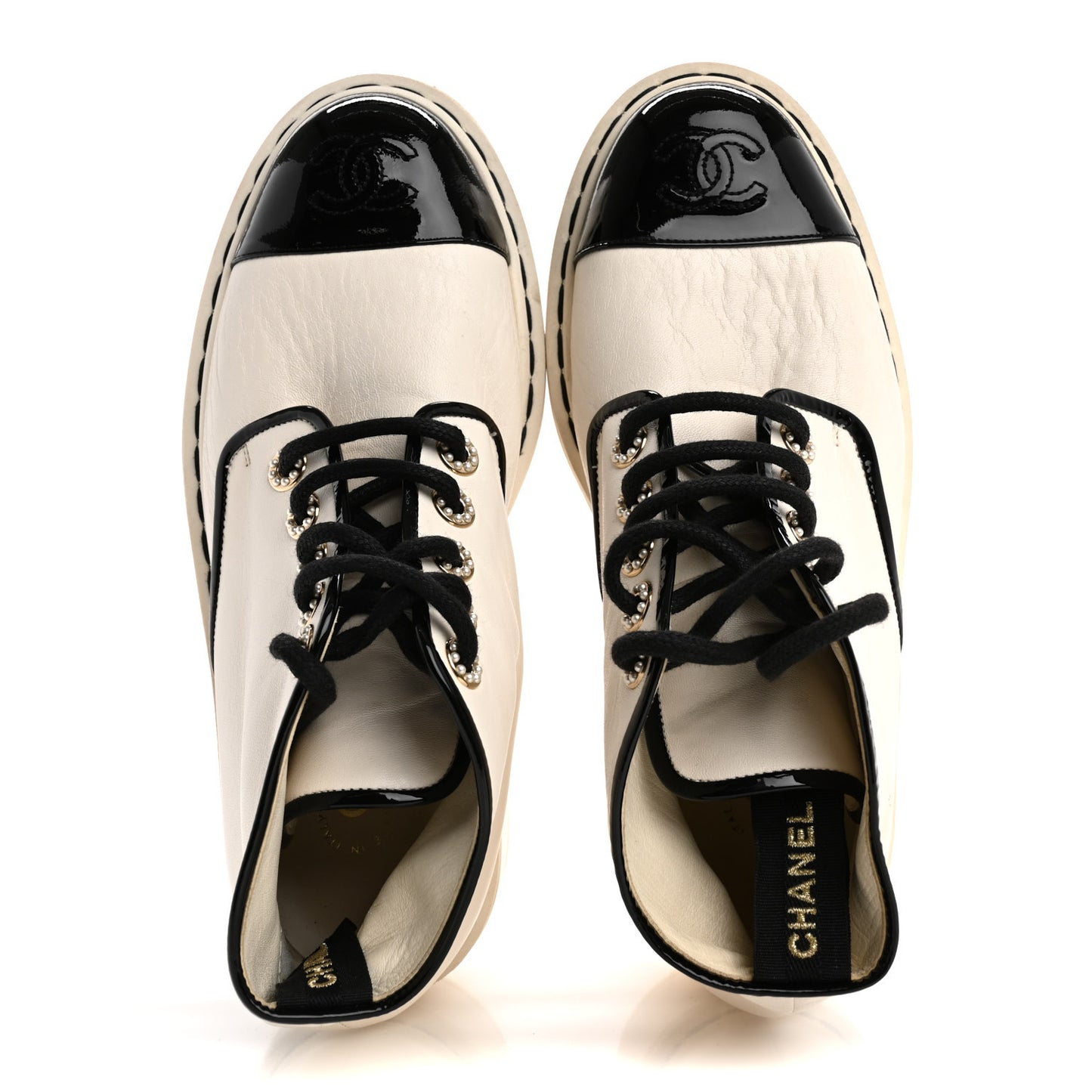 Lambskin Patent CC Cap Toe Pearl Short Boots 36.5 White Black