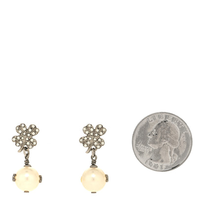 Chanel Crystal Pearl CC Clover Drop Earrings Silver 2 of 6