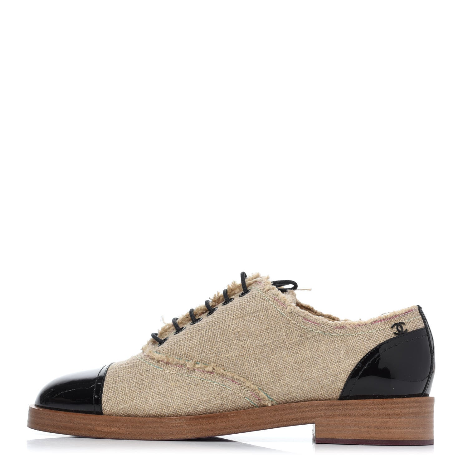 Chanel Fabric Patent Calfskin Lace Up Cap Toe Oxfords 39.5 Beige Black 2 of 18