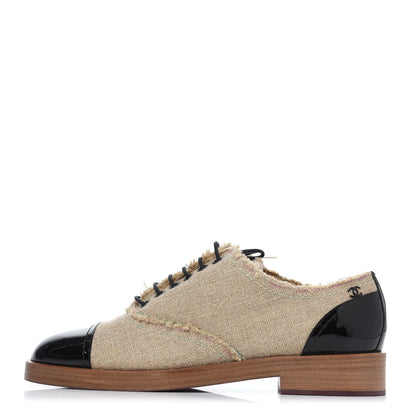 Chanel Fabric Patent Calfskin Lace Up Cap Toe Oxfords 39.5 Beige Black 2 of 18