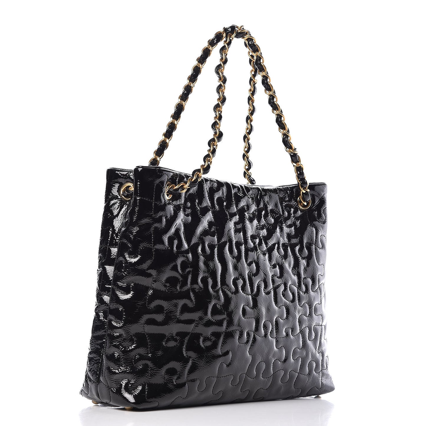 Crackled Patent Puzzle Tote Black