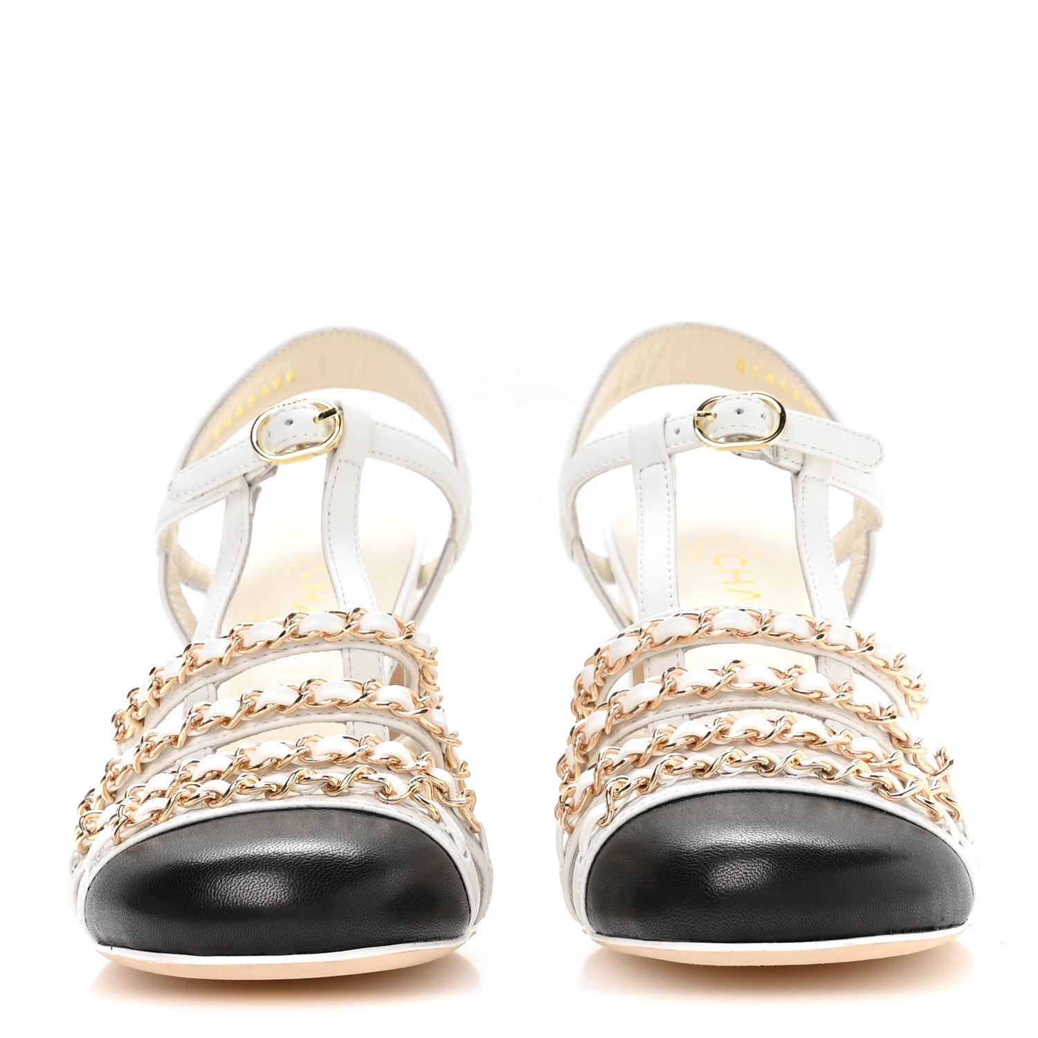Chanel Lambskin Cap Toe Chain Slingback Pumps 37 White Black 6 of 16