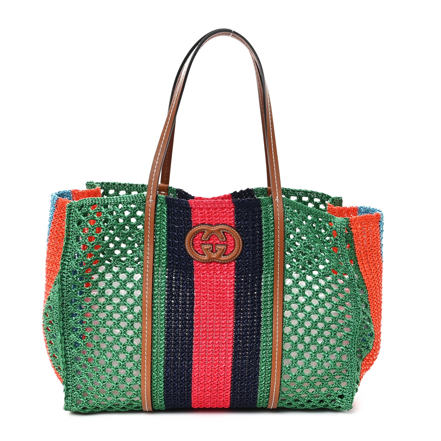 Gucci Raffia Web Woven Medium Interlocking G Tote Green 1 of 10