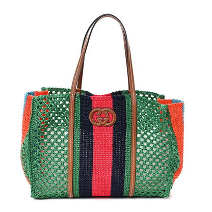 Gucci Raffia Web Woven Medium Interlocking G Tote Green 1 of 10