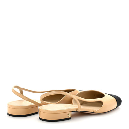 Chanel Goatskin Grosgrain Cap Toe CC Slingback Sandals 40 Beige Black 5 of 10
