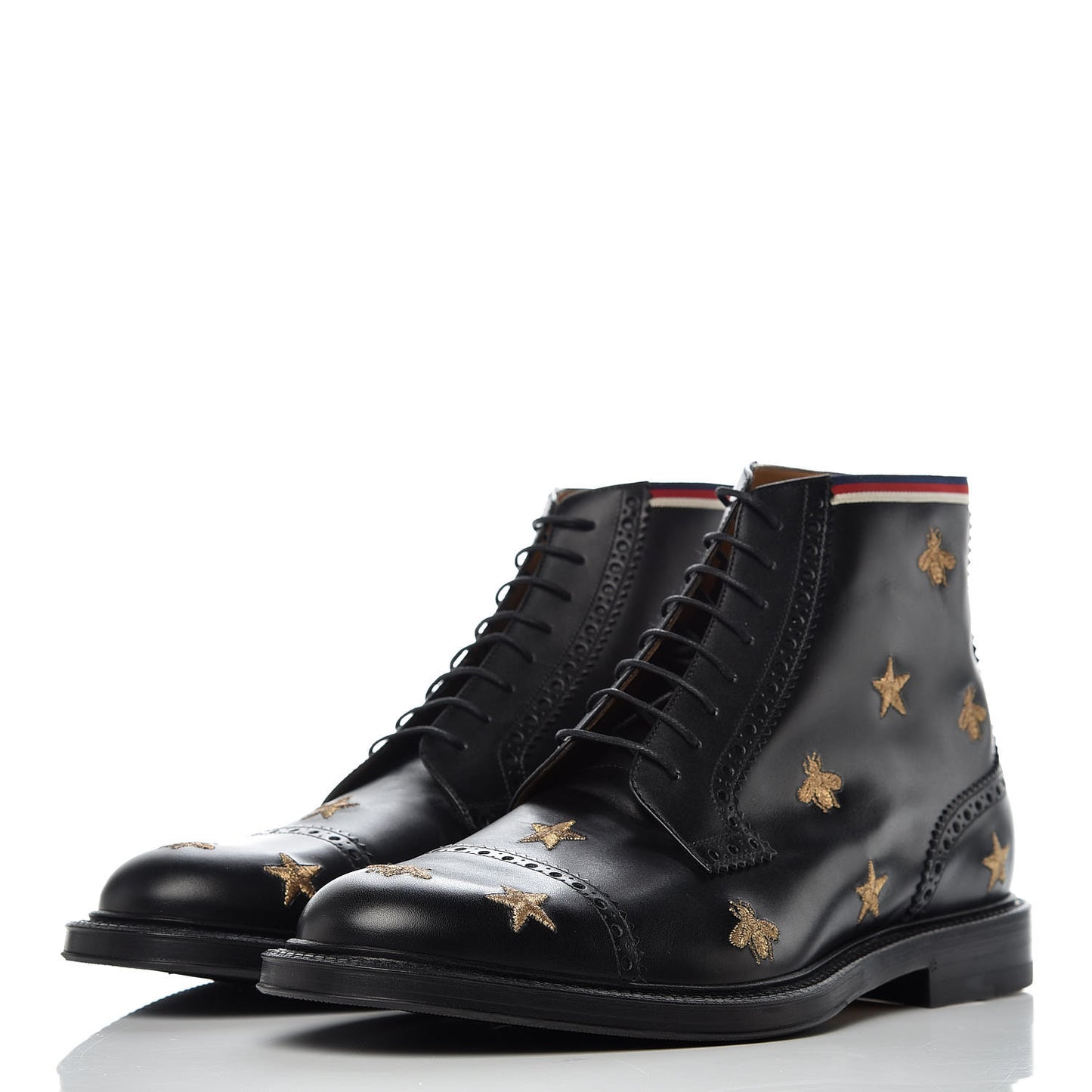 Calfskin Sylvie Web Bee Star Embroidered Mens Brogue Captoe Boots 10.5 Black