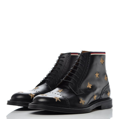 Gucci Calfskin Sylvie Web Bee Star Embroidered Mens Brogue Captoe Boots 10.5 Black 3 of 12