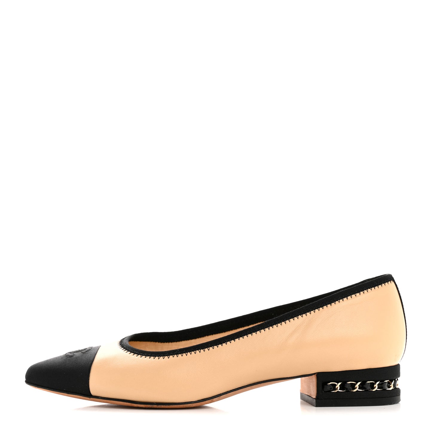 Lambskin Grossgrain Cap Toe Chain CC Flats 39 Beige Black