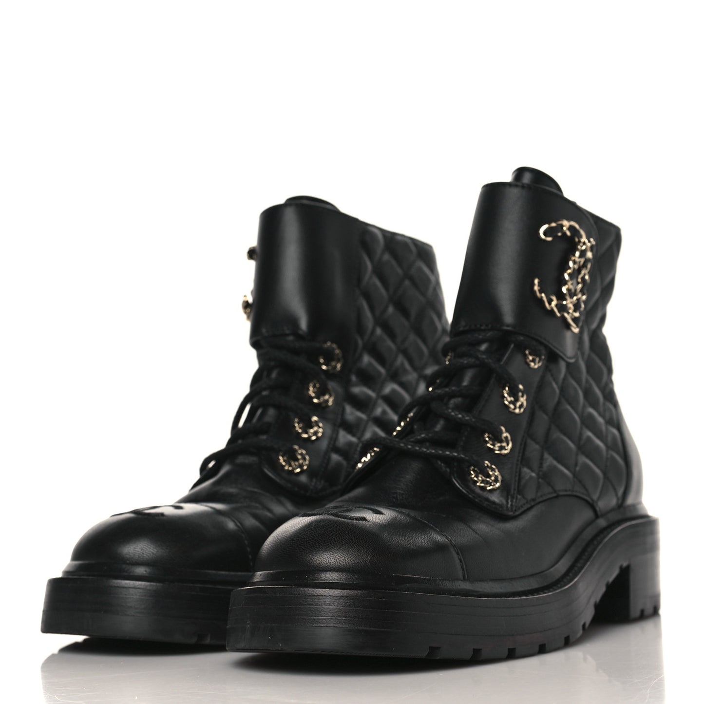 Shiny Calfskin Quilted Lace Up Combat Boots 37 Black