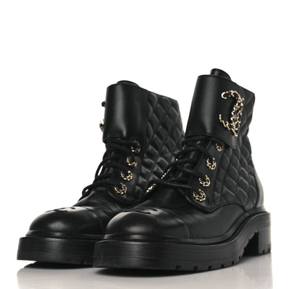 Chanel Shiny Calfskin Quilted Lace Up Combat Boots 37 Black 3 of 7