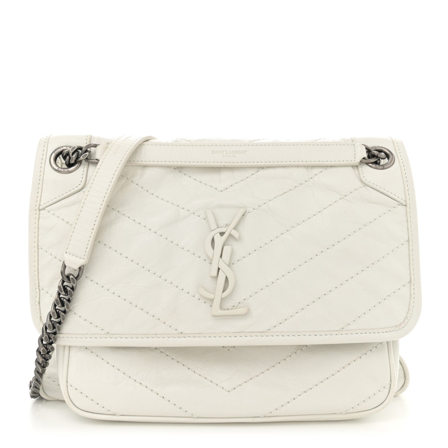 Saint Laurent Crinkled Calfskin Matelasse Monogram Medium Niki Chain Satchel Dirty White 1 of 13