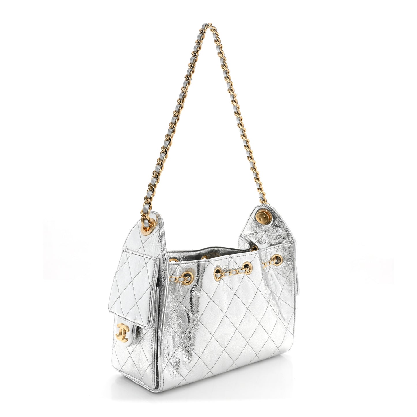 Metallic Aged Calfskin Quilted Mini Chanel 25 Handbag Silver