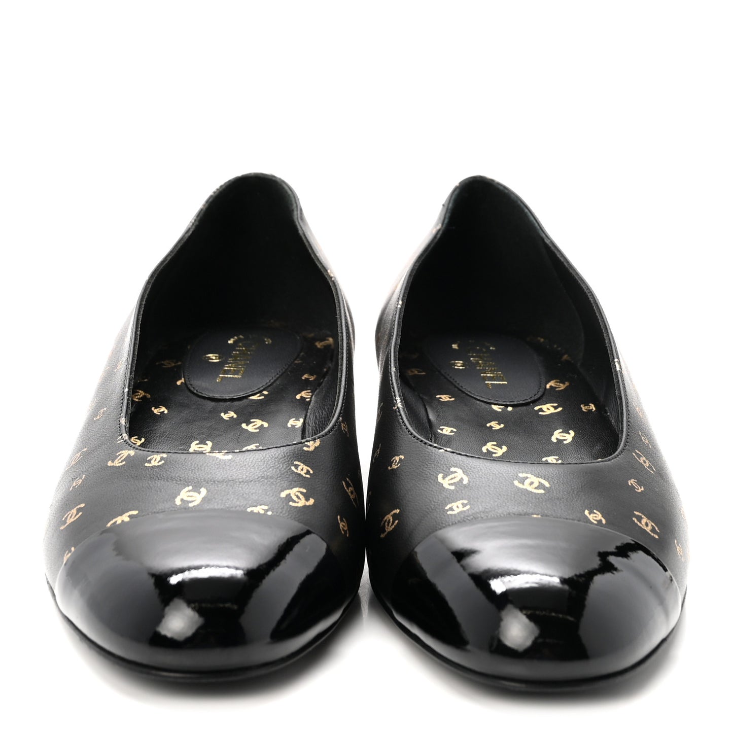 Lambskin Patent Calfskin Printed CC Cap Toe Ballerina Flats 36 Black Gold