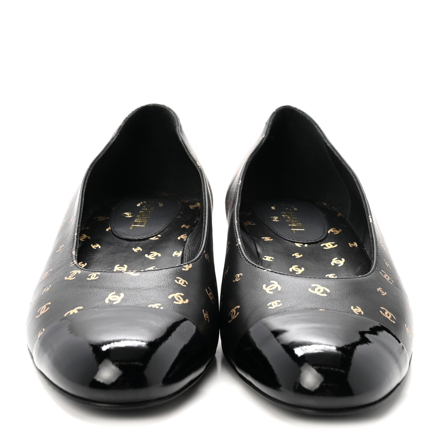 Chanel Lambskin Patent Calfskin Printed CC Cap Toe Ballerina Flats 36 Black Gold 3 of 10
