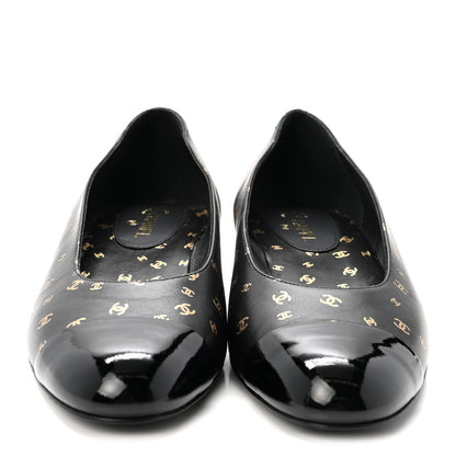 Chanel Lambskin Patent Calfskin Printed CC Cap Toe Ballerina Flats 36 Black Gold 3 of 10