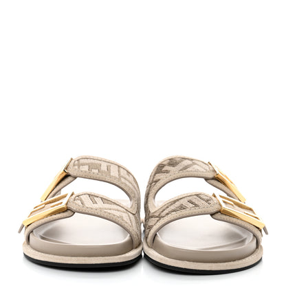 Fendi Chenille Fabric Jacquard Suede FF Womens Fendi Feel Buckled Slide Sandals 37.5 Tortora Nuvola Rock 2 of 9