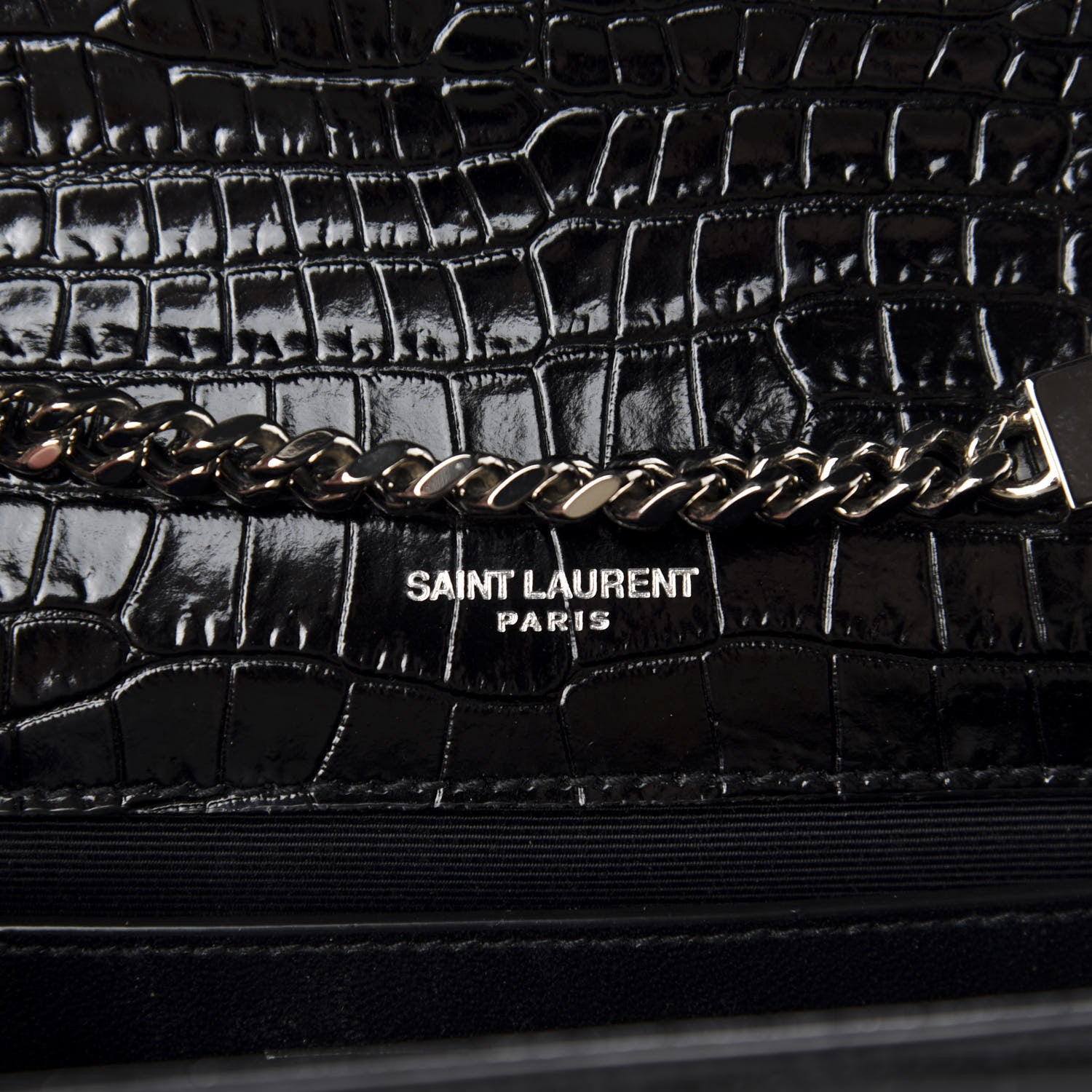 Saint Laurent Calfskin Crocodile Embossed Small Classic Monogram Kate Tassel Satchel Black 9 of 10