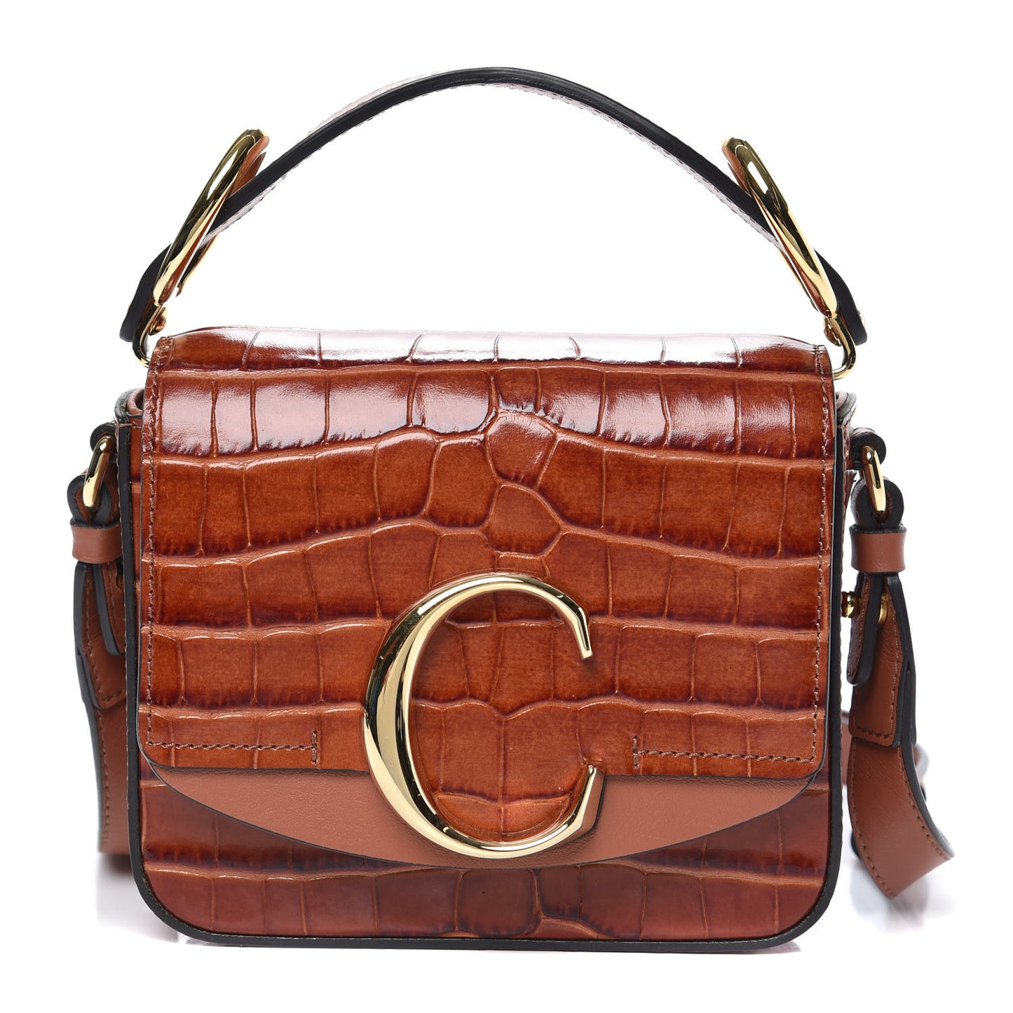 Calfskin Crocodile Embossed Mini C Double Carry Chestnut Brown