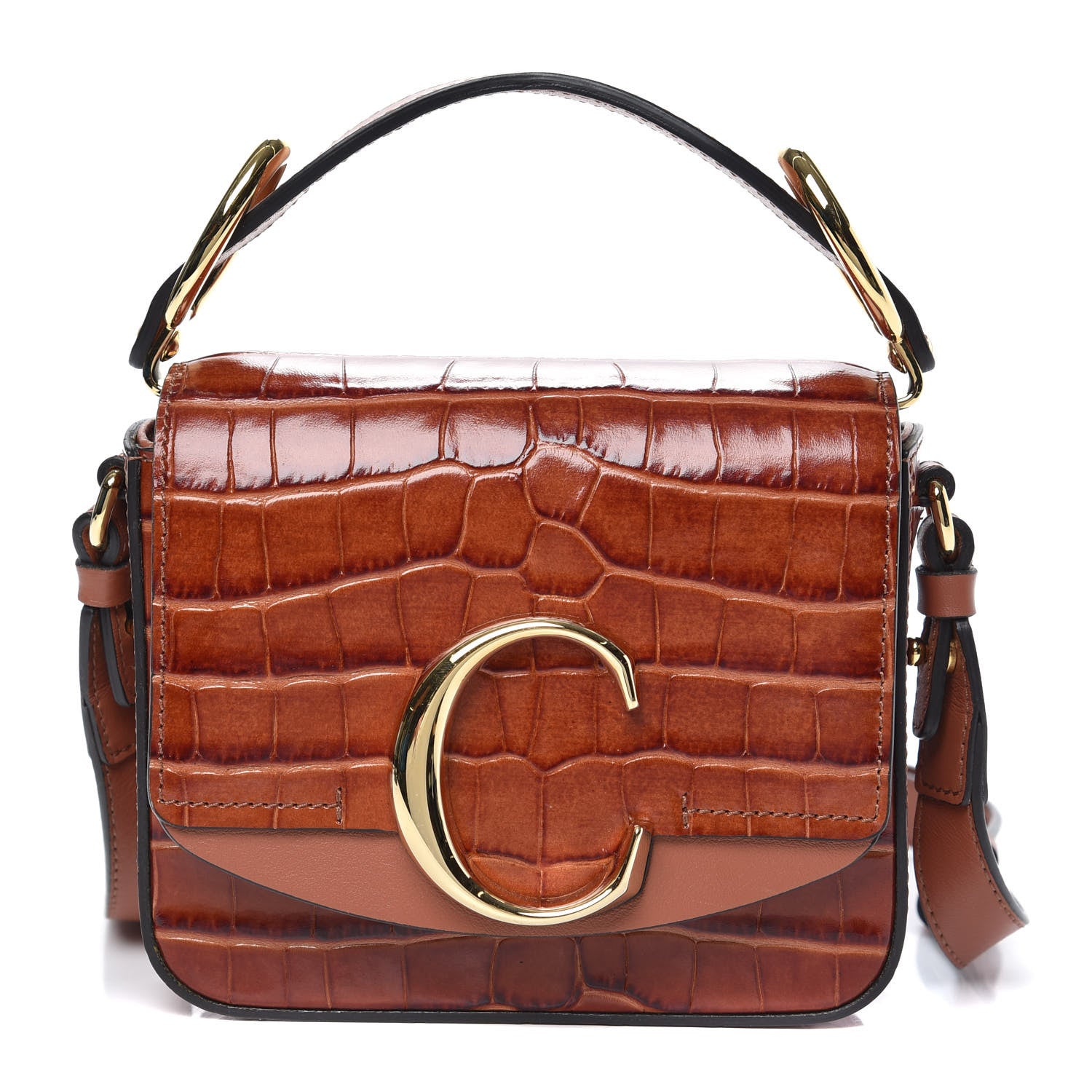 Chloe Calfskin Crocodile Embossed Mini C Double Carry Chestnut Brown 1 of 9