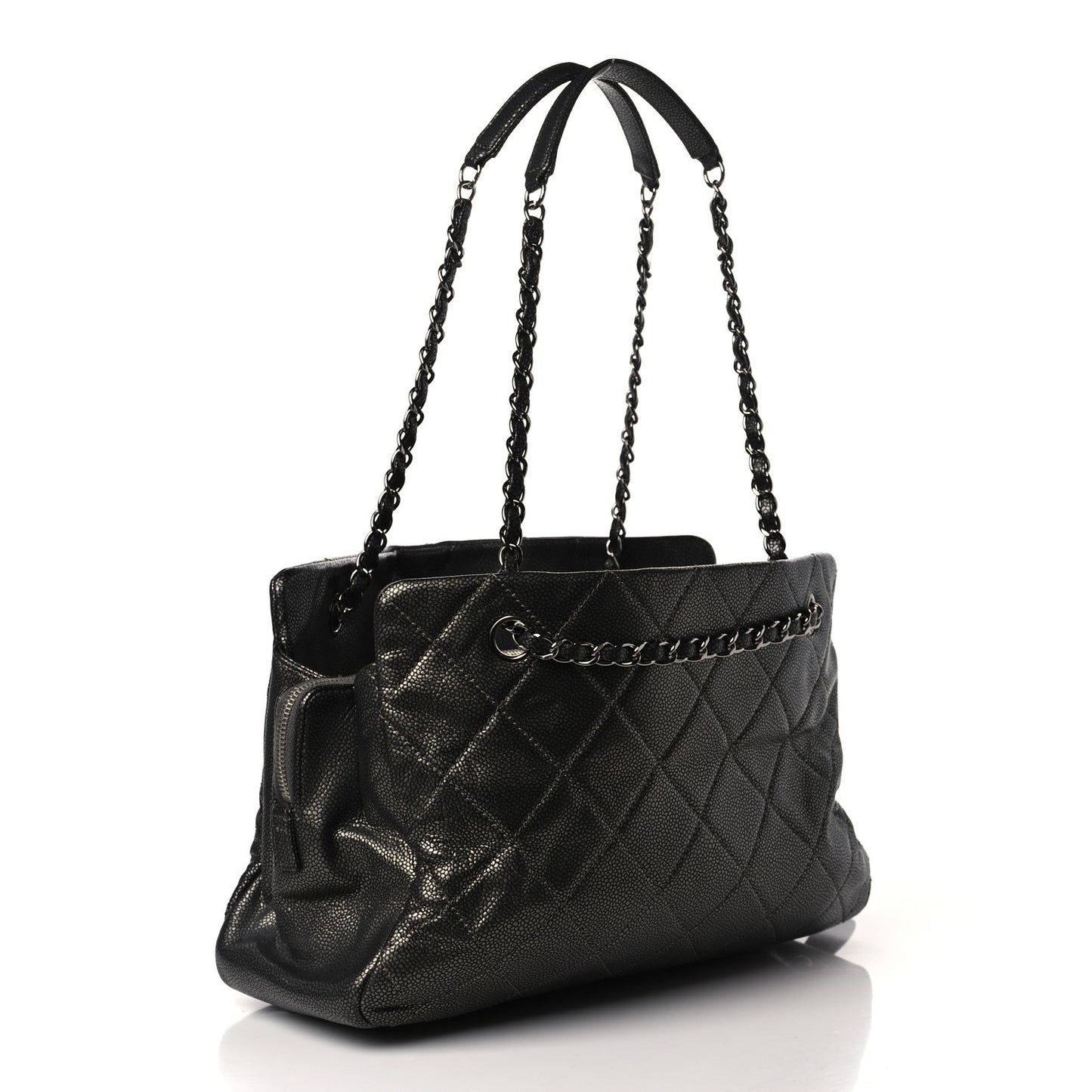 Metallic Caviar Quilted CC Tote Dark Silver