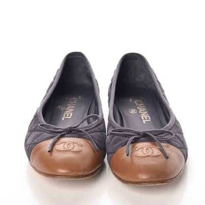 Chanel Iridescent Calfskin Quilted CC Cap Toe Ballerina Flats 37.5 Navy Tan 2 of 12